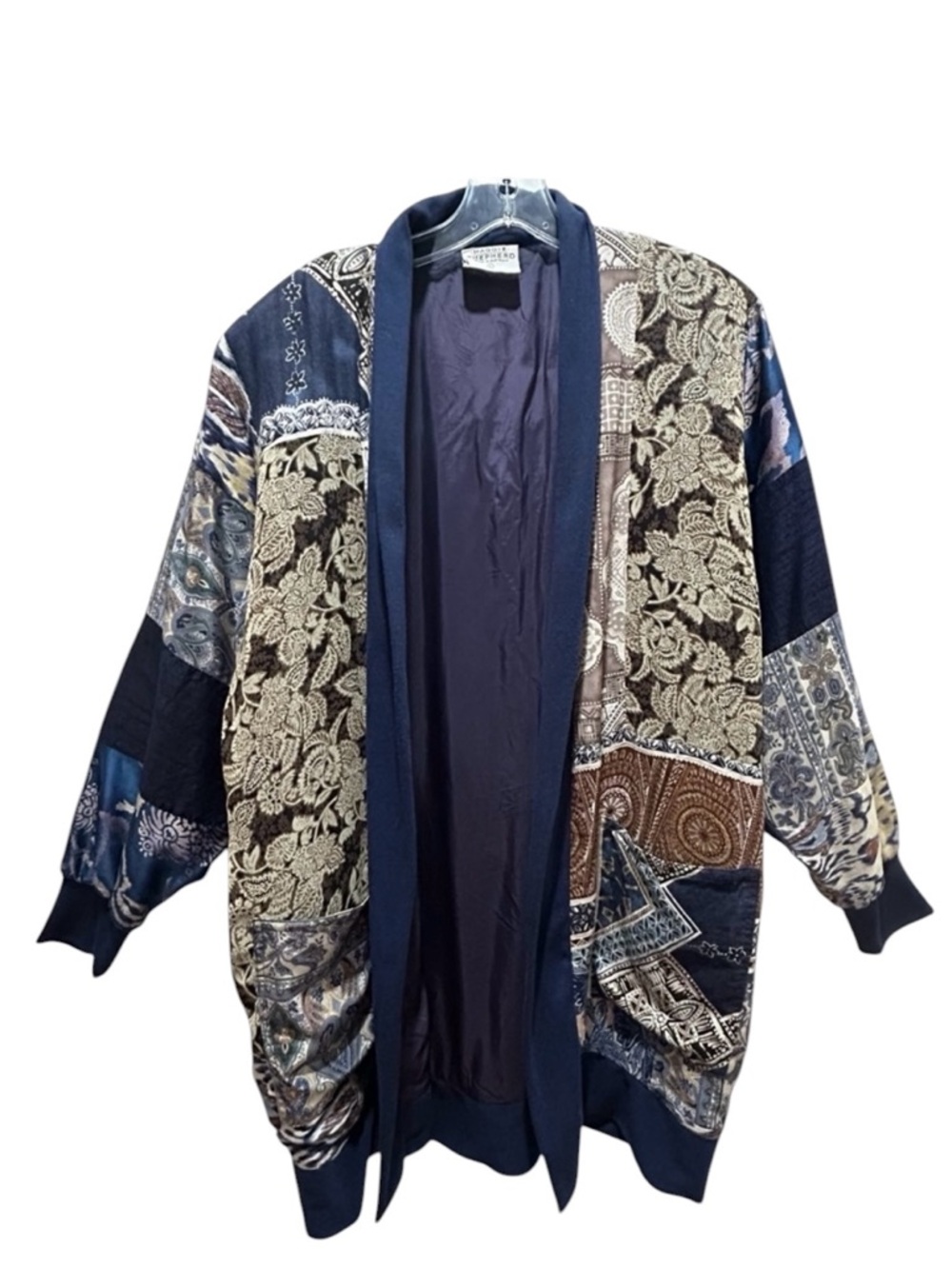 VTG Maggie Shepherd Blue, Brown and Tan Silk Blend Open Patchwork Jacket - Large